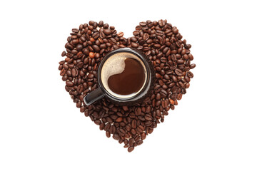 Close-up of coffee cup with roasted heart-shaped coffee beans on white background. Top view with copy space for text