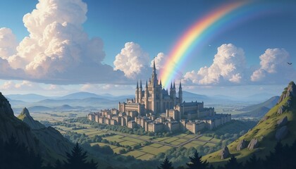 Fototapeta premium Magnificent castle beneath a vibrant rainbow with rolling hills and mountains in the background