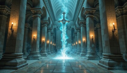 Fototapeta premium Magical sword emanating blue light in a grand stone chamber illuminated by torches