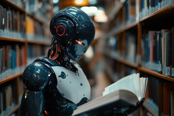 A futuristic robot is deeply focused on reading a book in a spacious library filled with towering shelves of various written works
