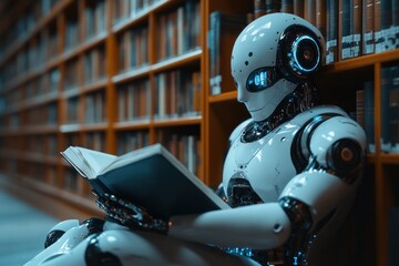 Fototapeta premium In a library filled with books, a robot AI sits peacefully on the floor, absorbed in reading a book, showcasing a blend of technology and knowledge