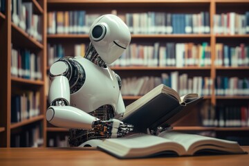 A robot AI is seated in a library, engrossed in reading a book amidst shelves filled with various titles, highlighting its learning capability