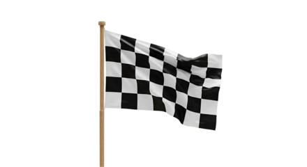 A black and white checkered racing flag flies on a wooden flagpole isolated against a transparent background. 