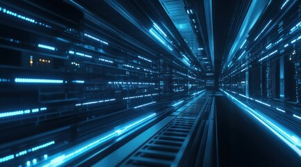 Advanced technology fills a sleek data center with rows of computers glowing in vibrant blue, showcasing high-tech infrastructure and connectivity