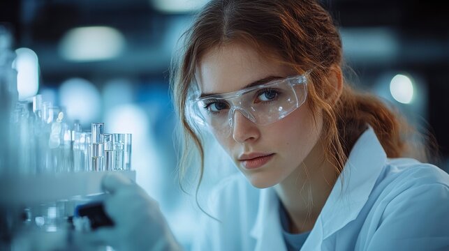 Female researcher examines tubes in laboratory, wearing safety goggles