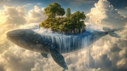 Fototapeta premium Whale carrying an island in the sky.