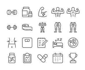 Bodybuilding and fitness, icon set. Bodybuilder, dumbbell, workout, muscle group, nutrition, supplements, and gym-related activities. Healthy lifestyle. Line with editable stroke