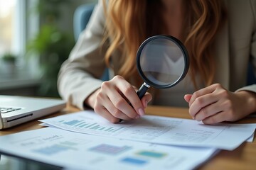 - Woman Auditor Reviewing Financial Records and Tax Invoices with Magnifying Glass in Home Office