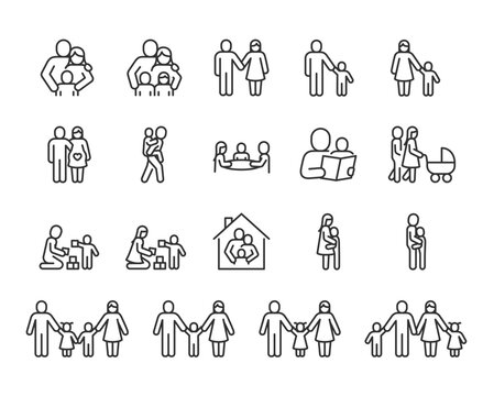 Family and Parenting, Icon Set. Parents with children, family bonding, pregnant, playing with kids, reading together, spending time at home. Family life, childcare. Line with editable stroke