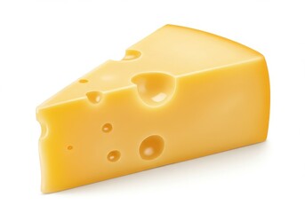 A wedge of swiss cheese with holes on a white background in a studio setting with soft lighting