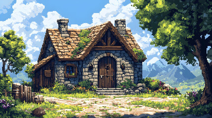 Obraz premium Charming Stone Cottage with Mossy Roof Pixel Art Under Cloudy Sky in Countryside Landscape