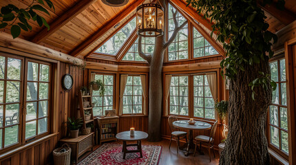 Inside a cozy treehouse with wooden walls, featuring natural lighting, a tree, and furniture. The treehouse provides a warm and inviting atmosphere.
