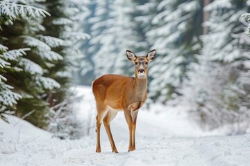 Tranquil scene of winter forest with solitary deer amidst snowy pines