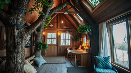 A cozy wooden treehouse interior, with a tree growing inside and large windows offering scenic views. It features rustic furniture and warm lighting