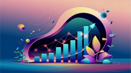 Obraz premium Modern Business Growth Visualization, Futuristic Data Growth Visualization with Colorful Charts, Complete Analytics Growth Visualization for Digital Marketing.