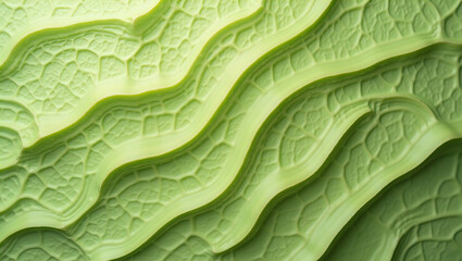 Detailed close-up of a green leaf showing its intricate textures and patterns. The leaf's surface reveals its organic structure, with veins and ridges that create a captivating visual narrative.