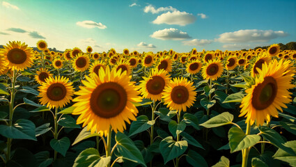 Fototapeta premium Sunflowers Field Under Blue Sky: A vibrant field of sunflowers basking in the sunlight under a clear blue sky with some clouds