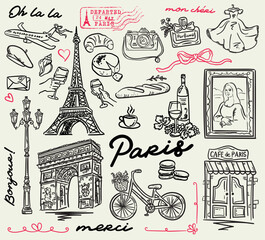 Paris illustrations Set - whimsical hand-drawn style illustrations - symbols of Paris, vector collection