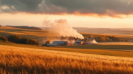 Fototapeta premium The sun sets over a rural landscape, casting a warm glow on golden wheat fields while smoke billows from nearby barns, enhancing the tranquil atmosphere of farm life
