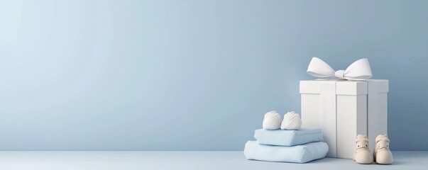A serene arrangement of gift boxes and baby shoes on a soft blue background, perfect for a newborn celebration or baby shower.
