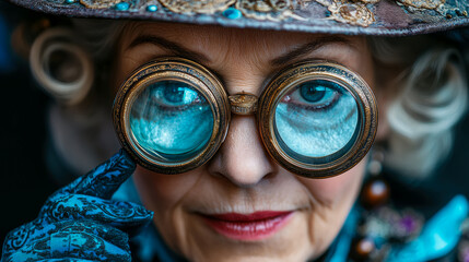 Vintage lifestyle of Using a lorgnette to watch the opera. Enigmatic Gaze: An antique spectacle frames the profound look of a matron