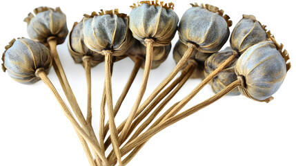 ripe dried poppy plants against white backdrop, dry stem of poppy 