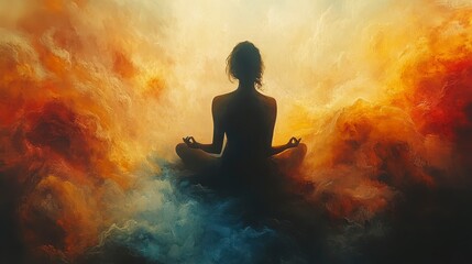 Obraz premium Meditating figure amidst vibrant, ethereal clouds. Serene pose of a person in contemplation