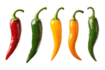 Chili peppers in green, red, yellow, and orange with water droplets isolated on white transparent background. Fresh and spicy food concept