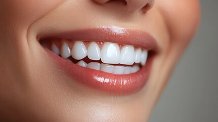 Fototapeta premium Side profile macro shot of a wide, whitened smile, clean lips, soft jawline curve visible, soft ambient light highlighting tooth shine. Background is neutral gray gradient.