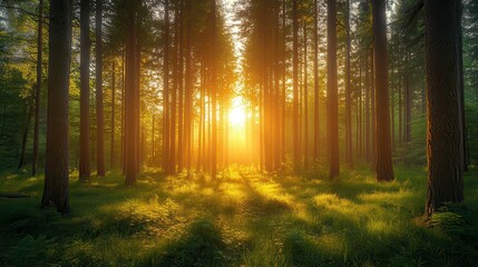 Fototapeta premium Forest bathed in golden sunlight filtering through tall trees and green grass