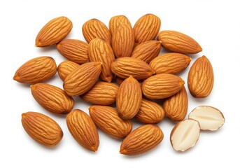 Obraz premium A group of almonds scattered on a white surface with one almond cut in half present in the image