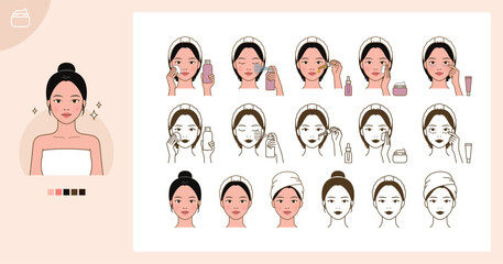 Cosmetic skin care routine_applying toner, lotion, cream, mist, oil_North Asian woman(girl)