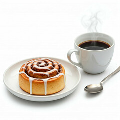 white cup of coffee with a cinnamon roll and spoon on white background