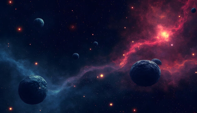  Space theme: Abstract background with elements of space - stars, planets and galaxies in bright colors on a dark background.
