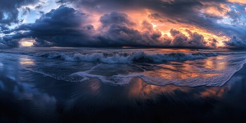 A beautiful sunset over the ocean with a storm brewing in the background. The sky is filled with dark clouds and the waves are crashing against the shore. Scene is both serene and ominous