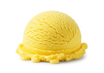 A single scoop of yellow ice cream isolated on a white background in a studio setting view