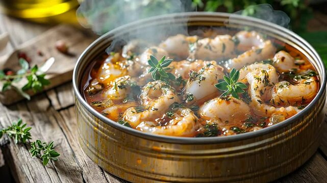 Succulent Humboldt squid tentacles are cooked to perfection in a rich, flavorful sauce, surrounded by herbs and spices typical of Galician cuisine, served in an inviting dish with rustic wood.