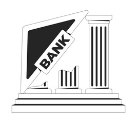 Collapsing bank structure with tilted sign, broken pillars 2D line object. Economic failure. Falling institution architecture isolated clipart vector ink outline item. Monochrome spot illustration