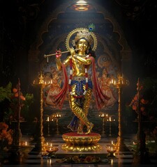 Obraz premium Golden Krishna Statue Radiating Divine Grace on Janmashtami