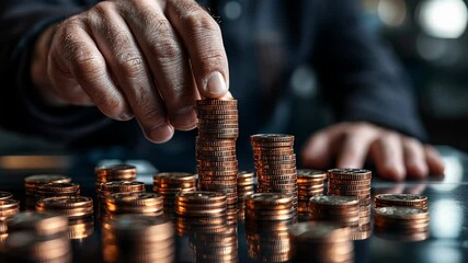 A focused individual skillfully stacks coins, emphasizing the importance of financial management and strategic investment. The setting reflects a modern workspace with an emphasis on enhancing value.