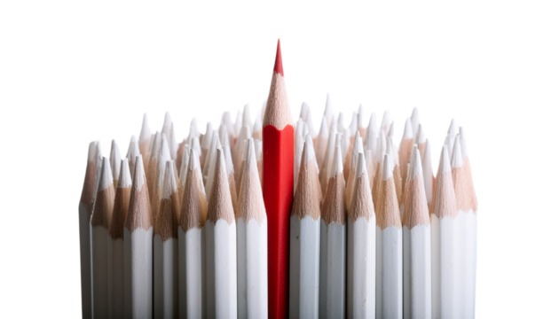 one red pencil standing taller among all smaller white pencils, concept of standing out from the crowd.