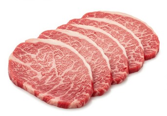 Obraz premium A row of five raw marbled beef slices with white fat on a white background presented horizontally