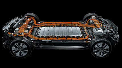 Cutaway technical illustration of electric vehicle battery pack with exposed cooling channels and cell arrangement, featuring holographic energy flow visualization.