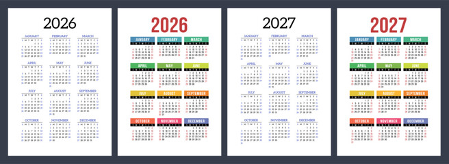 2026 and 2027 year calendar set. Color vector pocket calender design. Week starts on Sunday. January, February, March, April, May, June, July, August, September, October, November, December