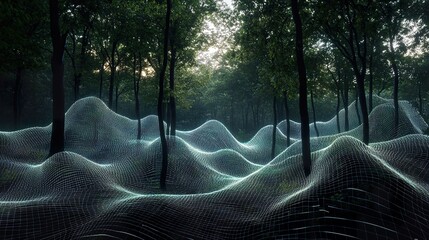 Surreal digital landscape with a glowing grid on rolling hills in a forest