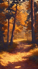 Obraz premium Illustration of Autumn Pathway Through a Forest 