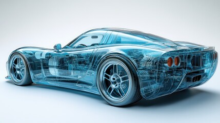 Fototapeta premium A translucent blue car showcases its internal mechanical components