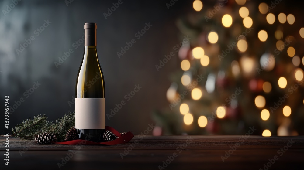 Poster a wine bottle with a minimalist label rests on a red ribbon beside a pine sprig, set in front of a b
