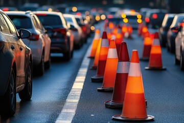 A busy street with a line of orange cones and cars. The scene is chaotic and stressful, with drivers trying to navigate around the cones and avoid accidents