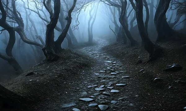 Misty, ancient path through a dark, twisted forest